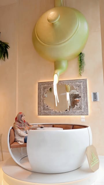 The giant teapot pouring into the cup seat